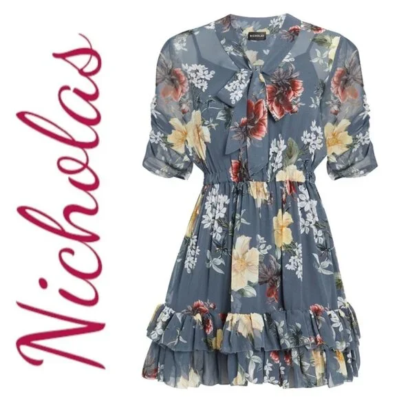 NWT NICHOLAS 100% Silk Floral Ruffled Mini Dress,‎ Size 8 - Picture 10 of 12